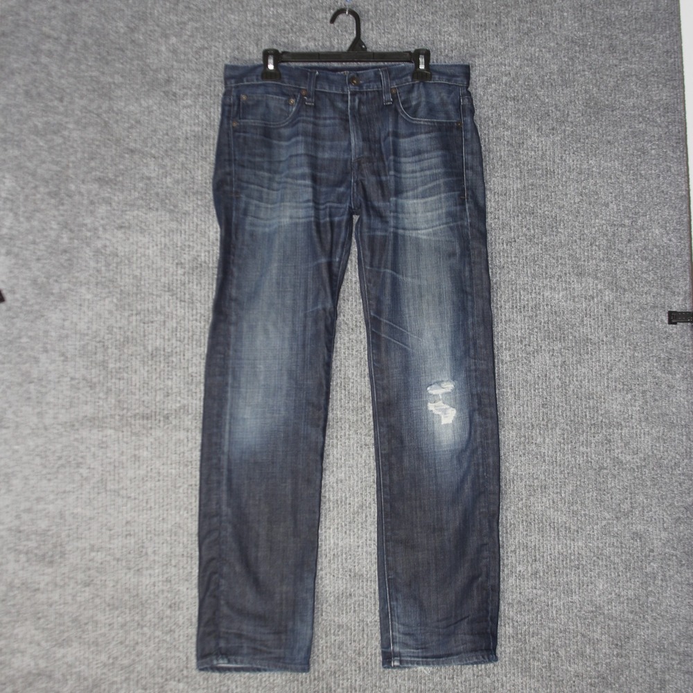 Lucky Brand Jeans Mens 32x32 Blue Dark Wash Distressed Denim Straight Leg